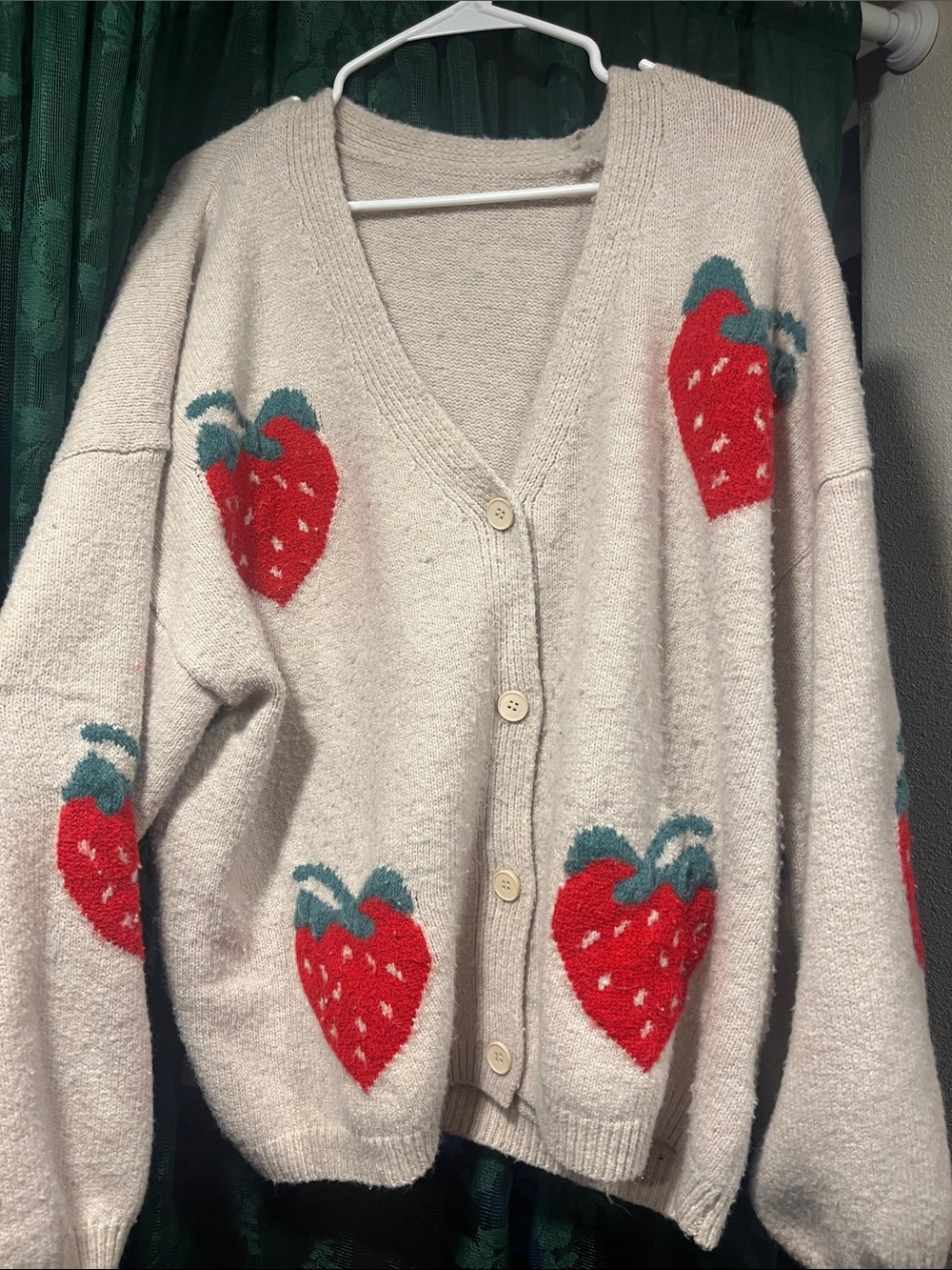 SHEIN Cream Cardigan with Red Strawberry Motif